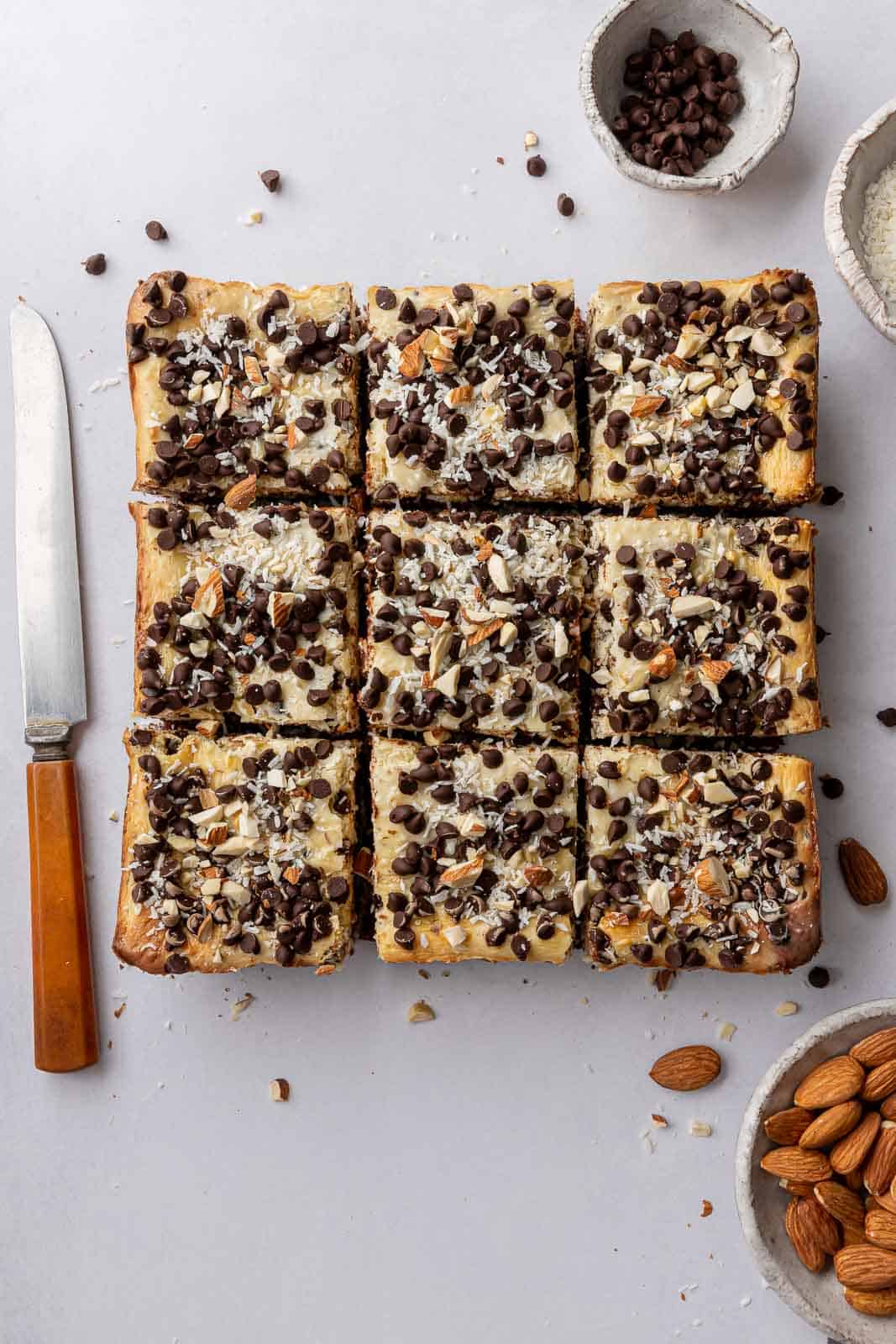 top shot of almond joy cheesecake recipe after cutting into 9 bars.