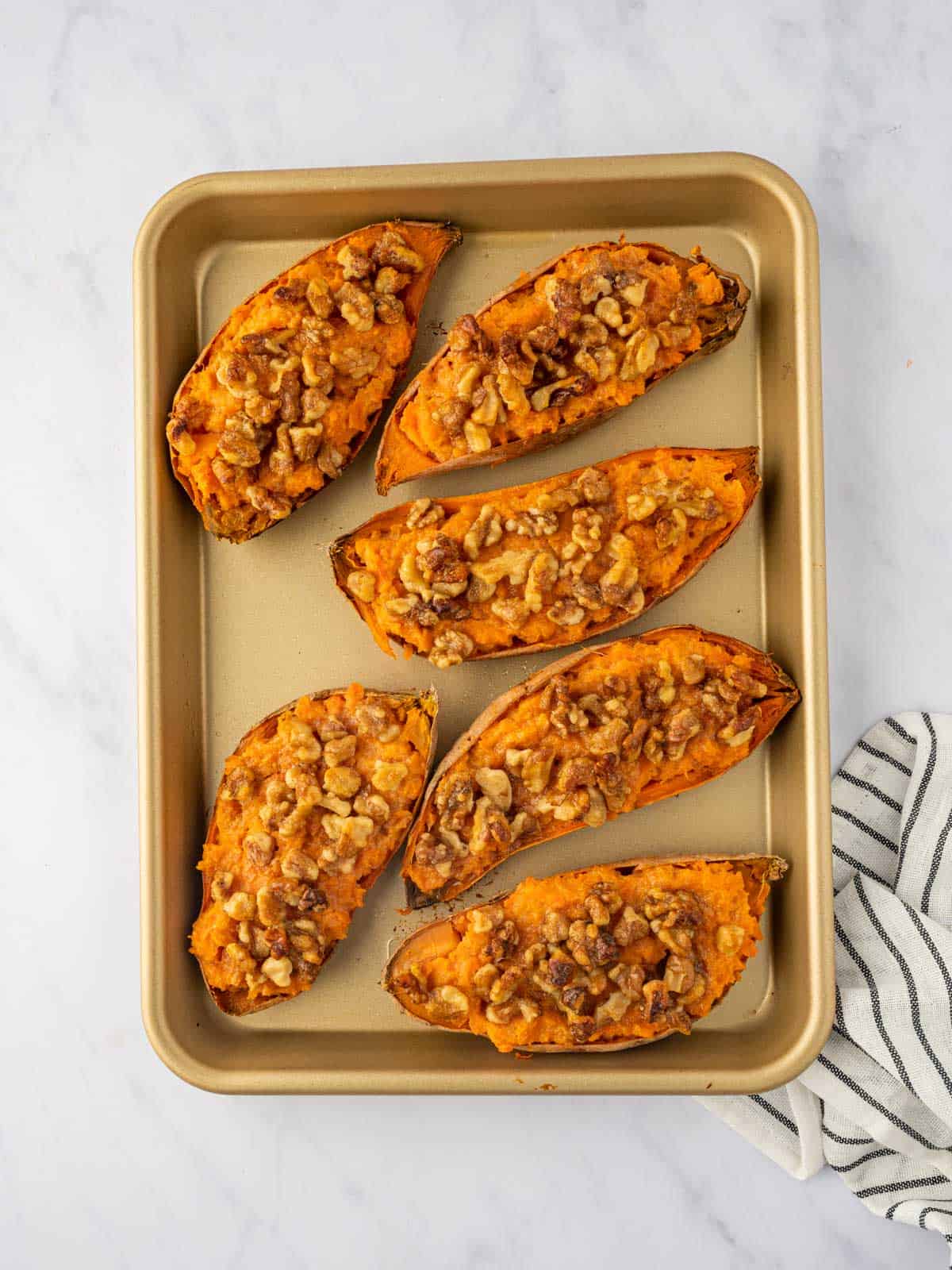 A tray of double baked sweet potatoes.