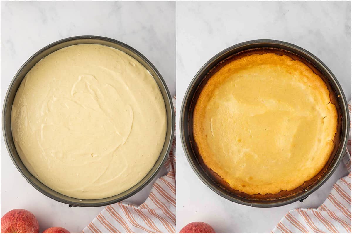 Before and after baking an easy apple cheesecake recipe.