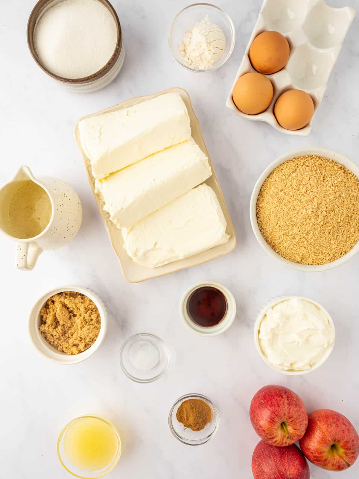 Ingredients needed for cinnamon apple cheesecake.