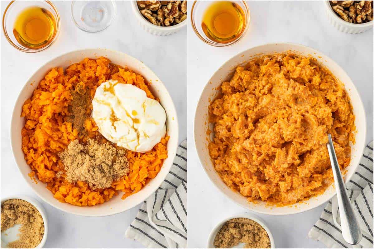 Mixing the creamy mashed sweet potato filling.