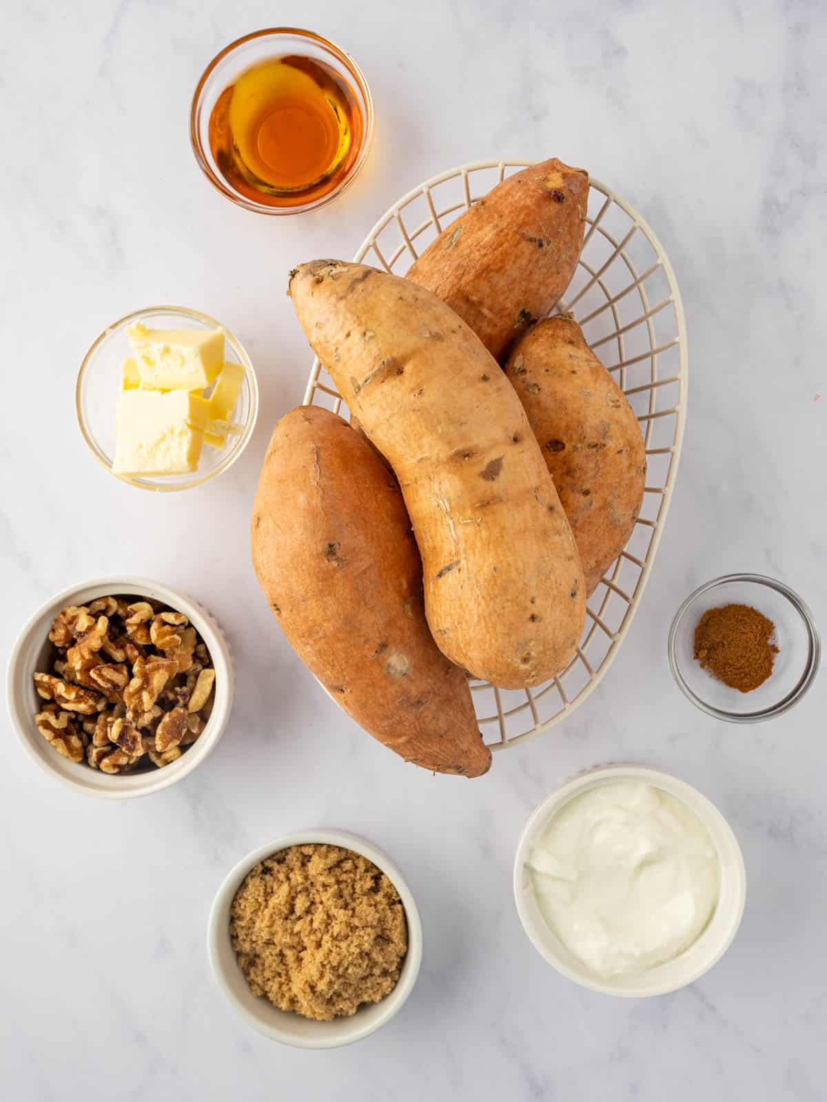 Ingredients for maple walnut twice baked sweet potatoes.