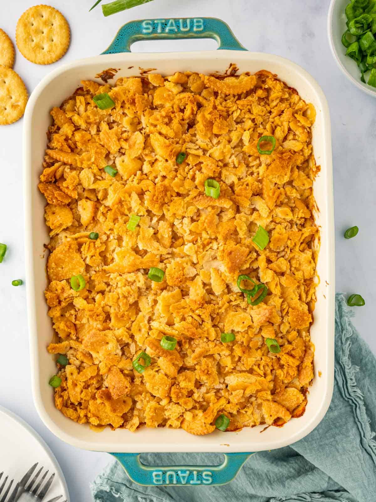 Crispy ritz cracker chicken in a casserole dish.