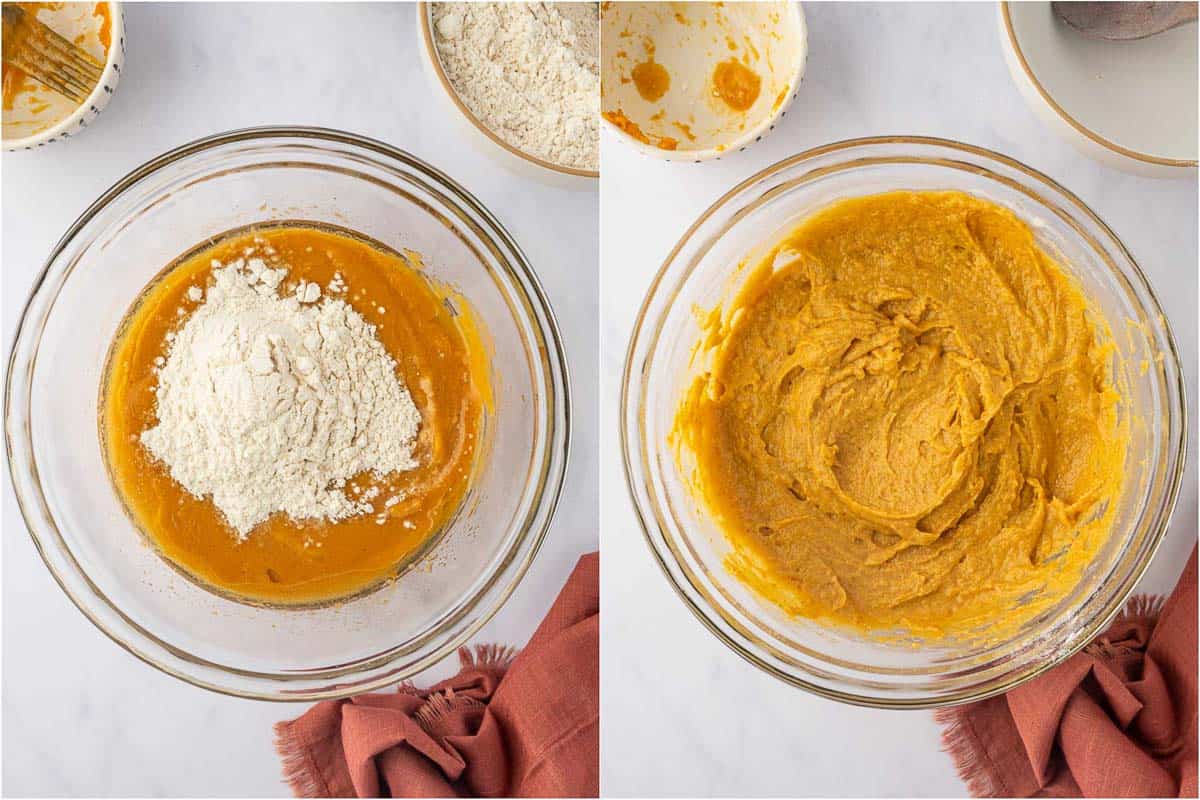 Pumpkin pecan coffee cake batter in a bowl.