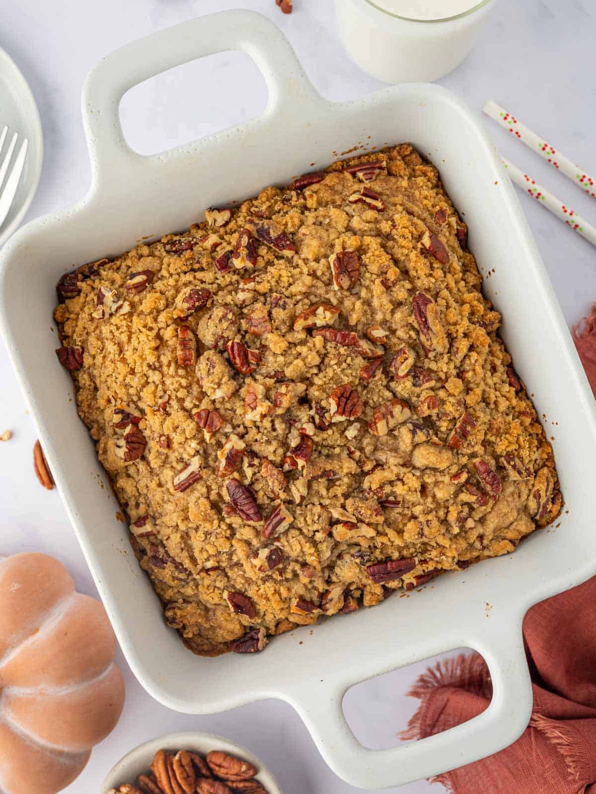 Top view of pumpkin cake with streusel.