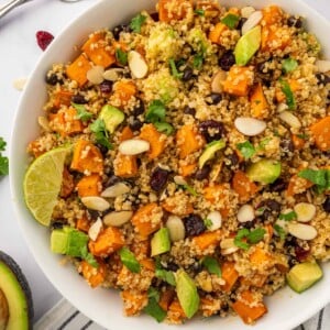 A bowl of sweet potato and quinoa salad.