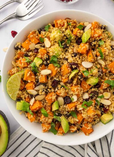 A bowl of sweet potato and quinoa salad.