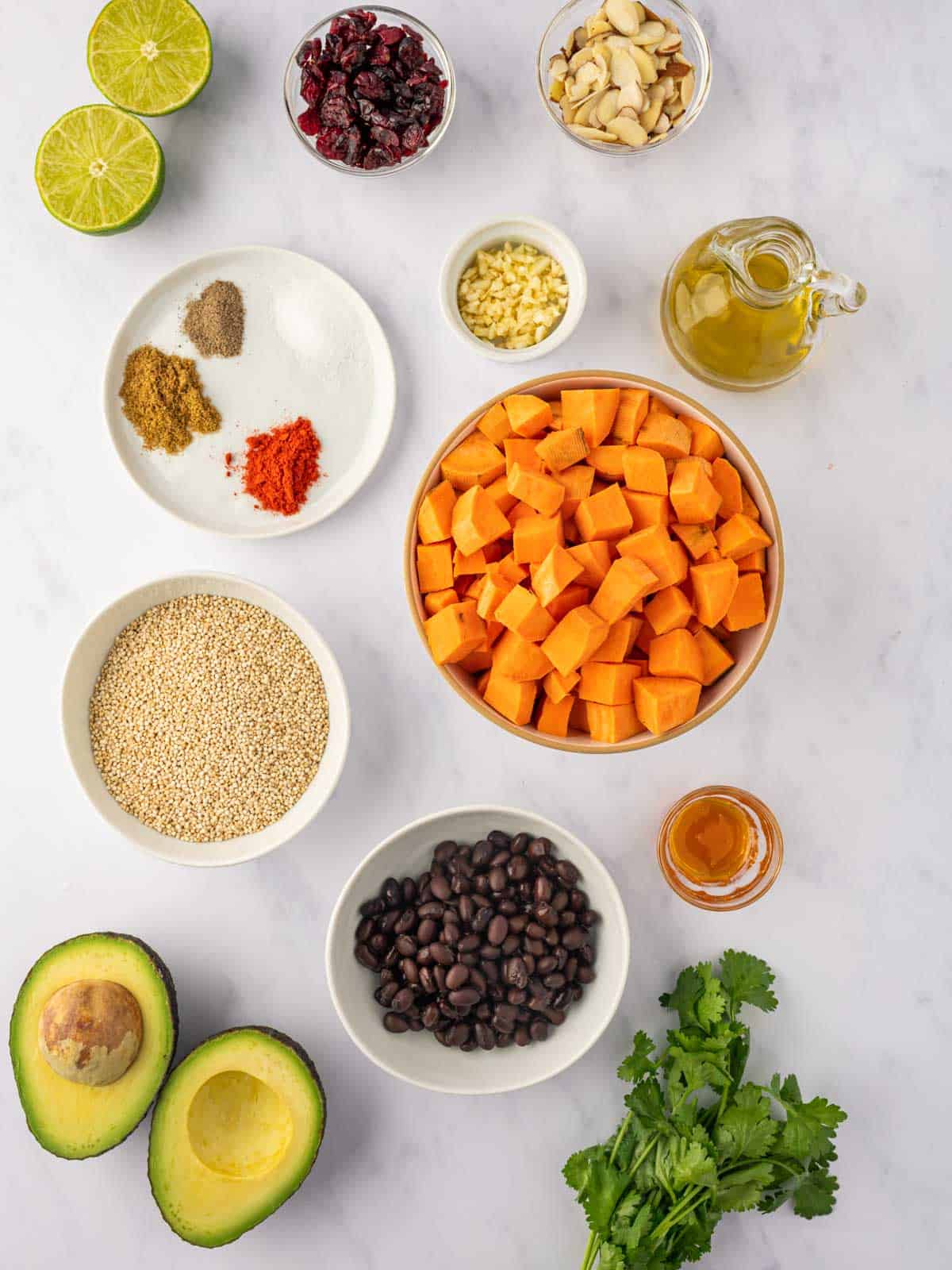 Ingredients needed for roasted sweet potato quinoa salad.