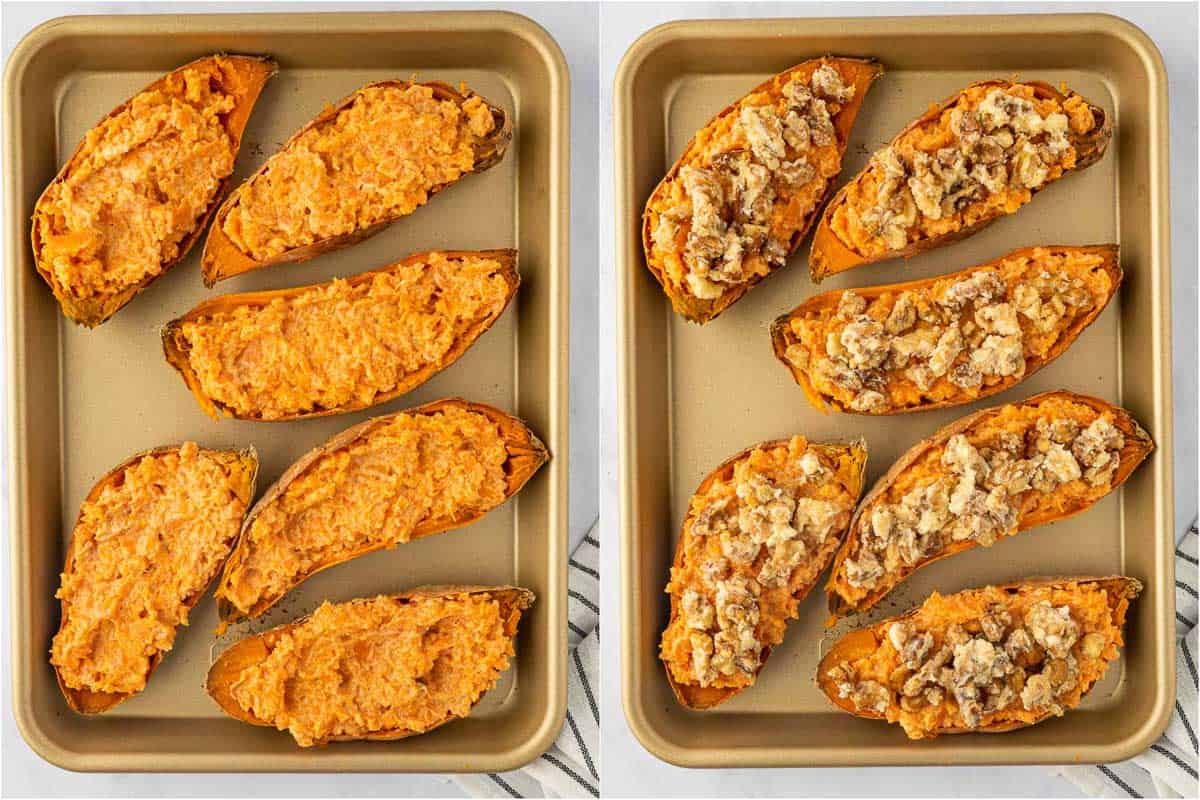 Preparing stuffed twice baked sweet potatoes for baking.