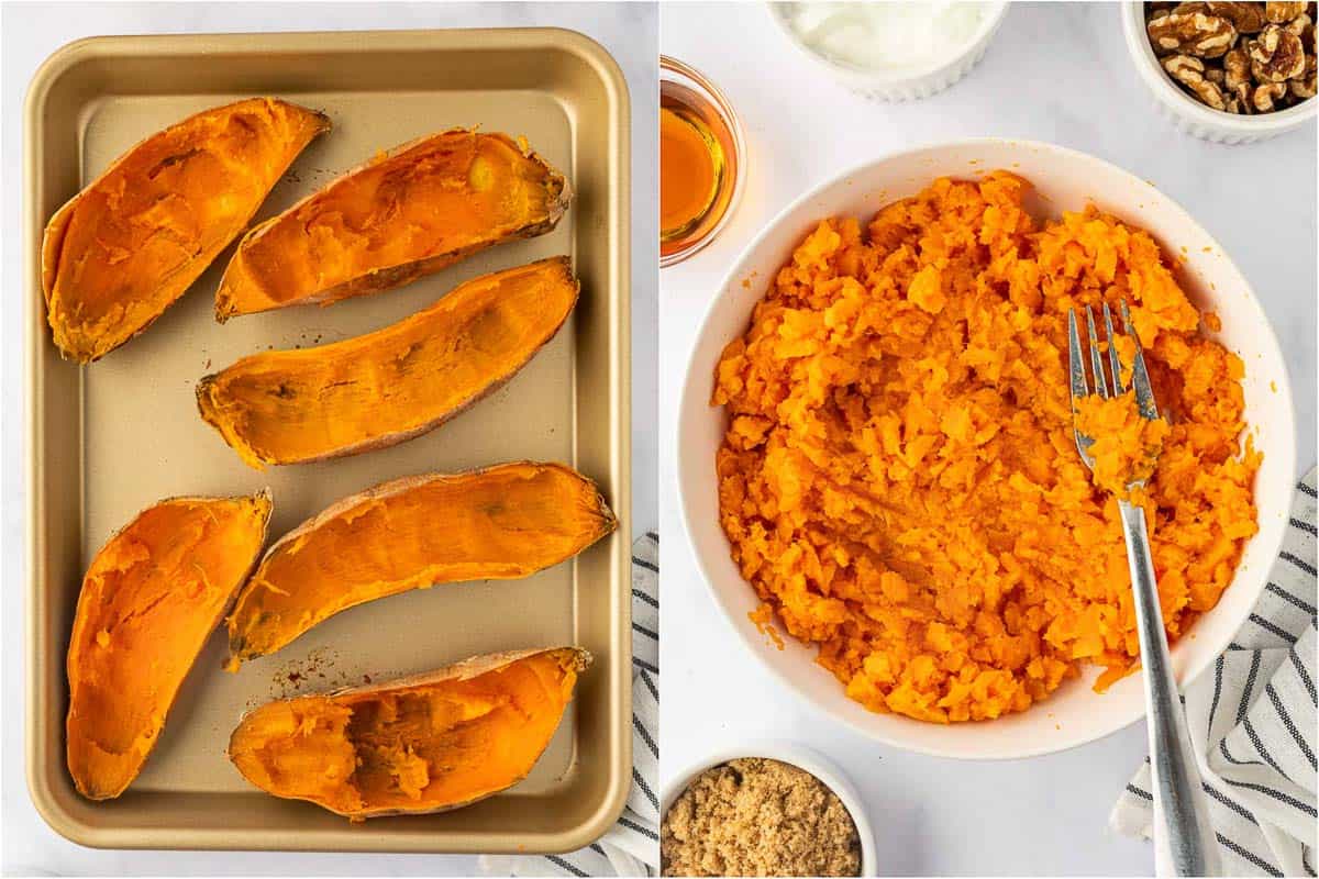 Scooping and mashing the sweet potato filling.