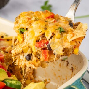 A portions of chicken mexican casserole is served.