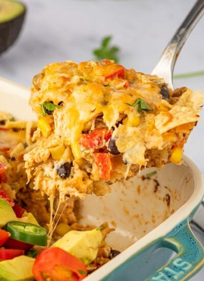 A portions of chicken mexican casserole is served.
