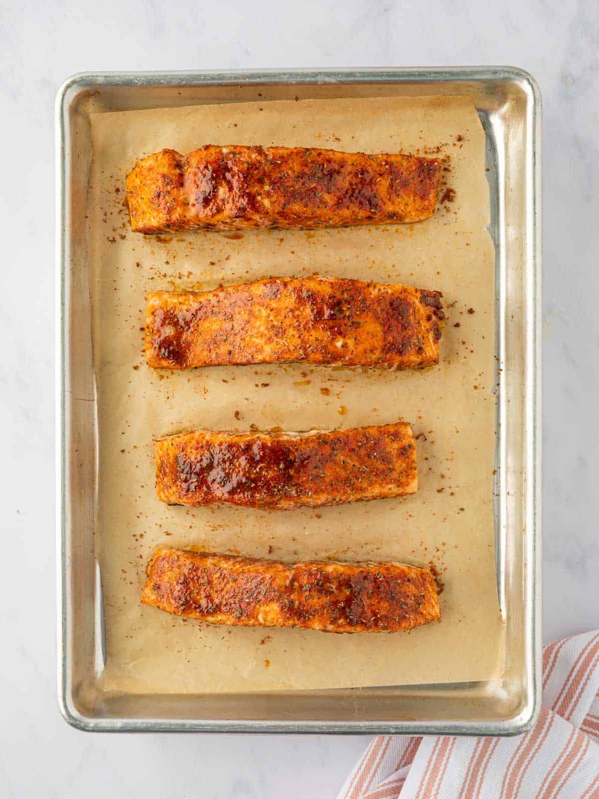 Salmon on a baking tray.