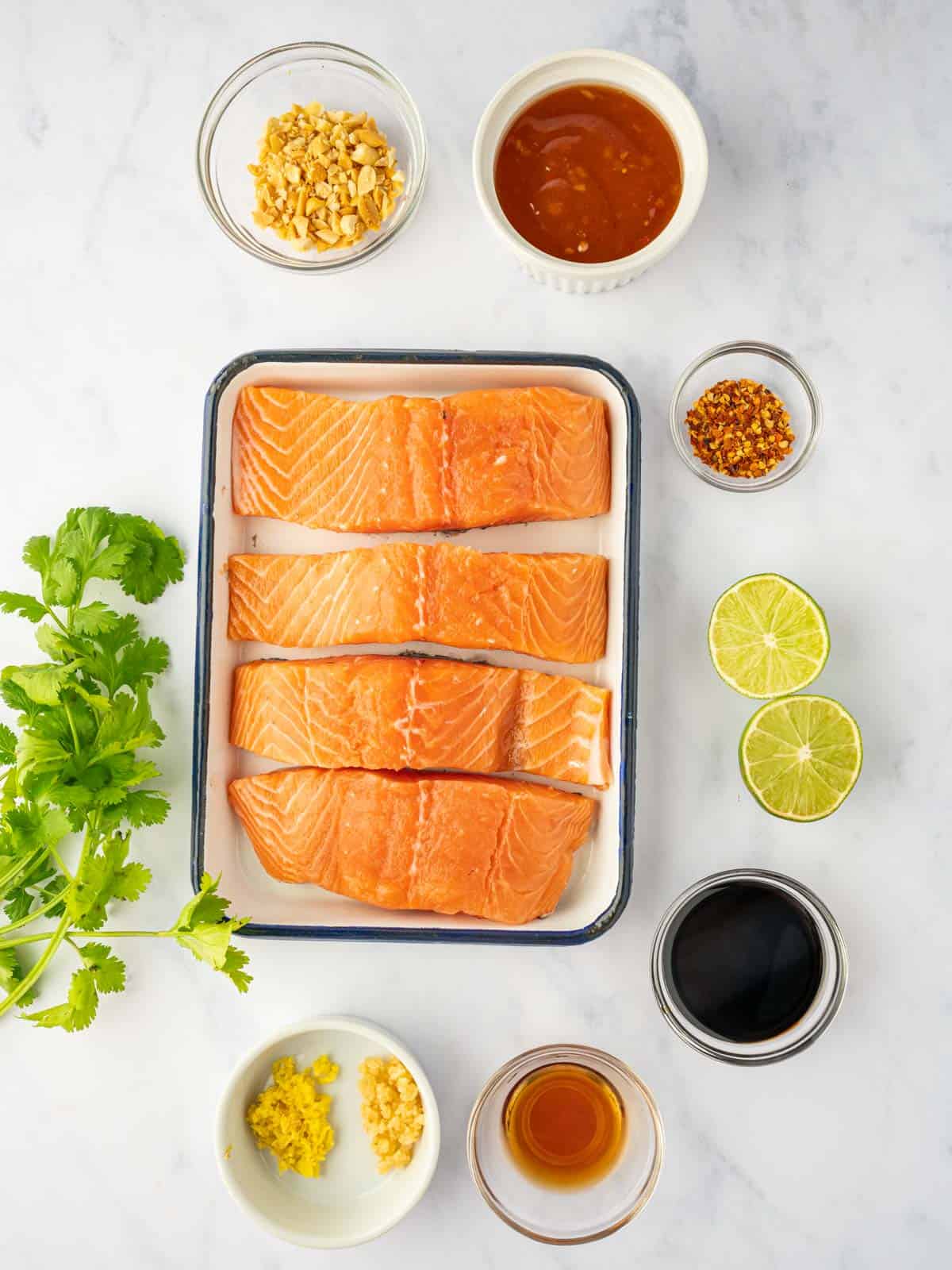 Ingredients needed for bakes thai salmon.