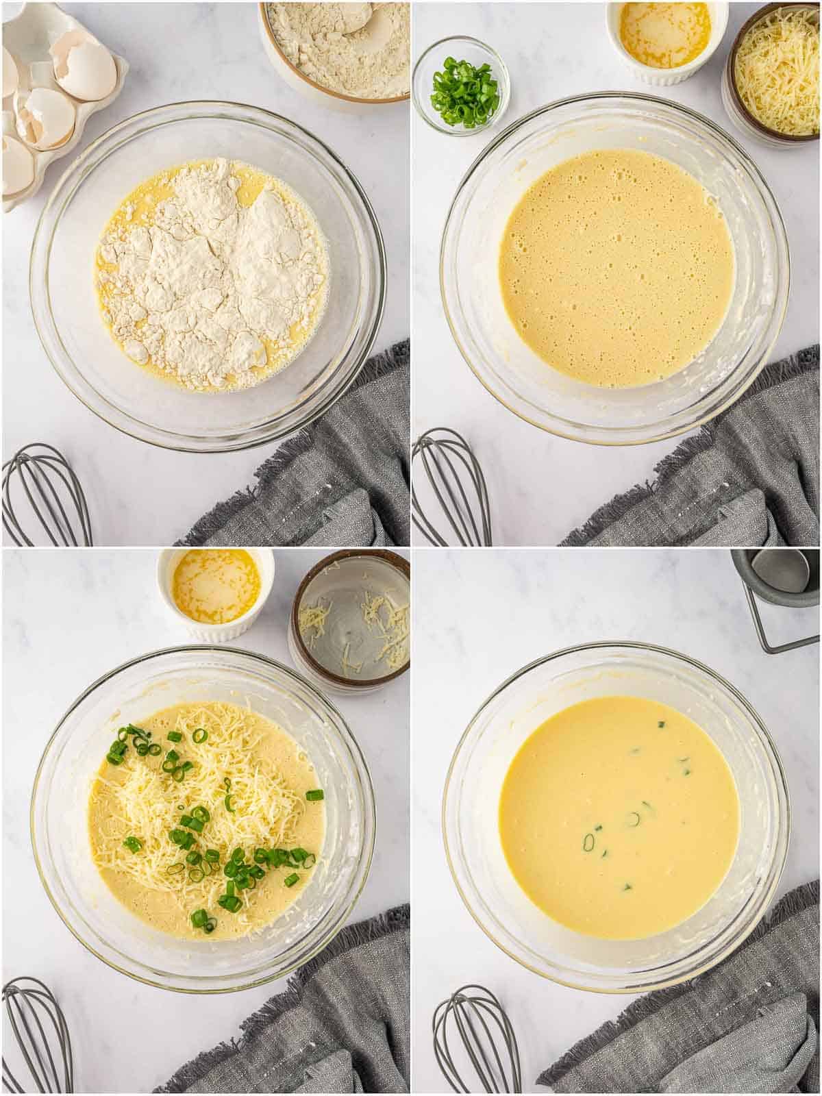 Popover batter prepared with grated cheddar and chopped green onions.