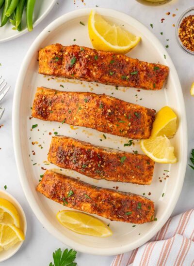 Easy baked salmon recipe on a platter.