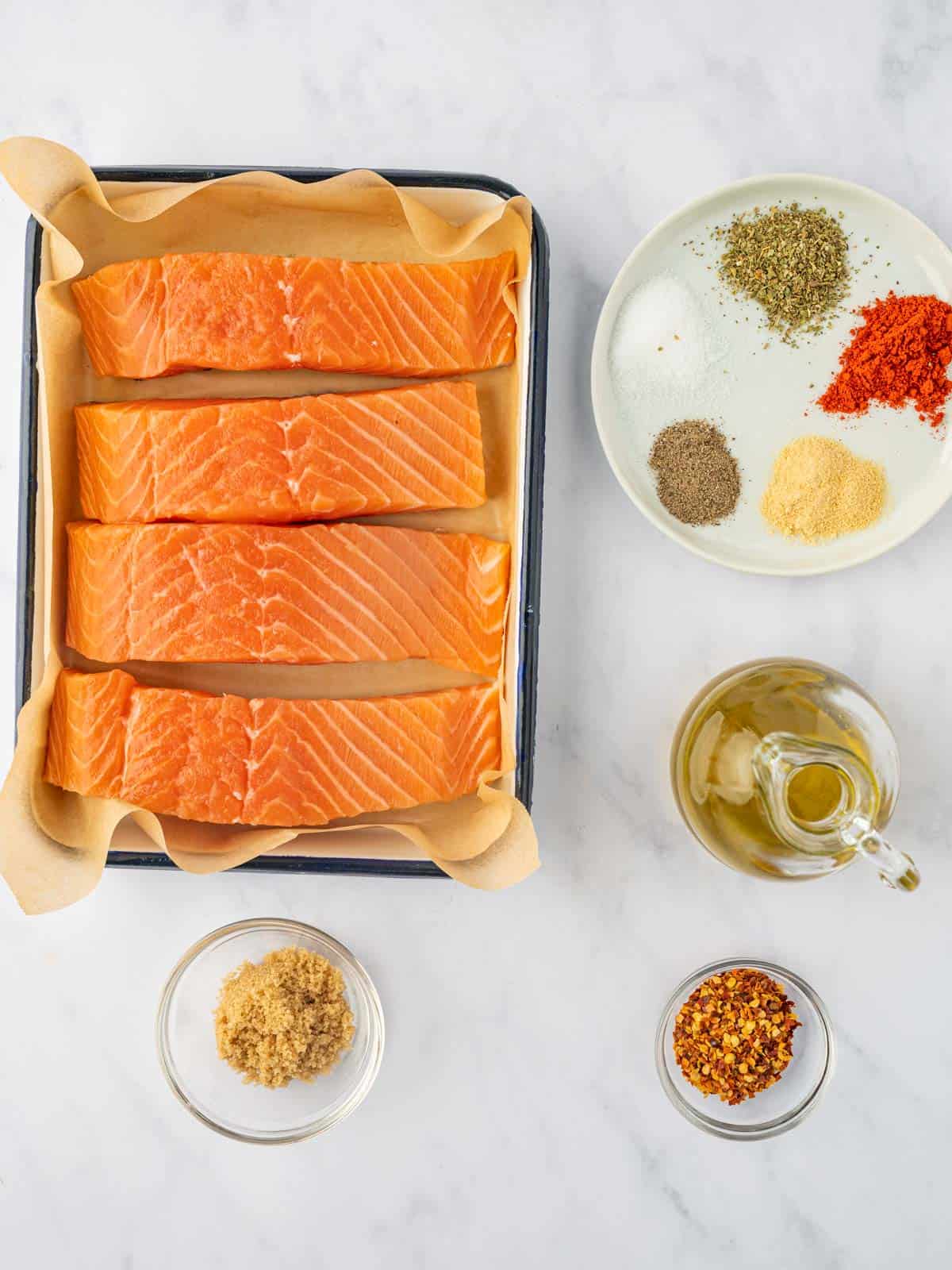 Ingredients needed for brown sugar baked salmon.