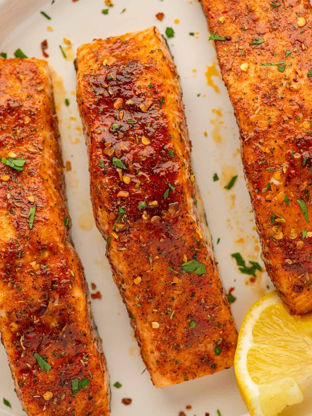 Salmon with brown sugar glaze.