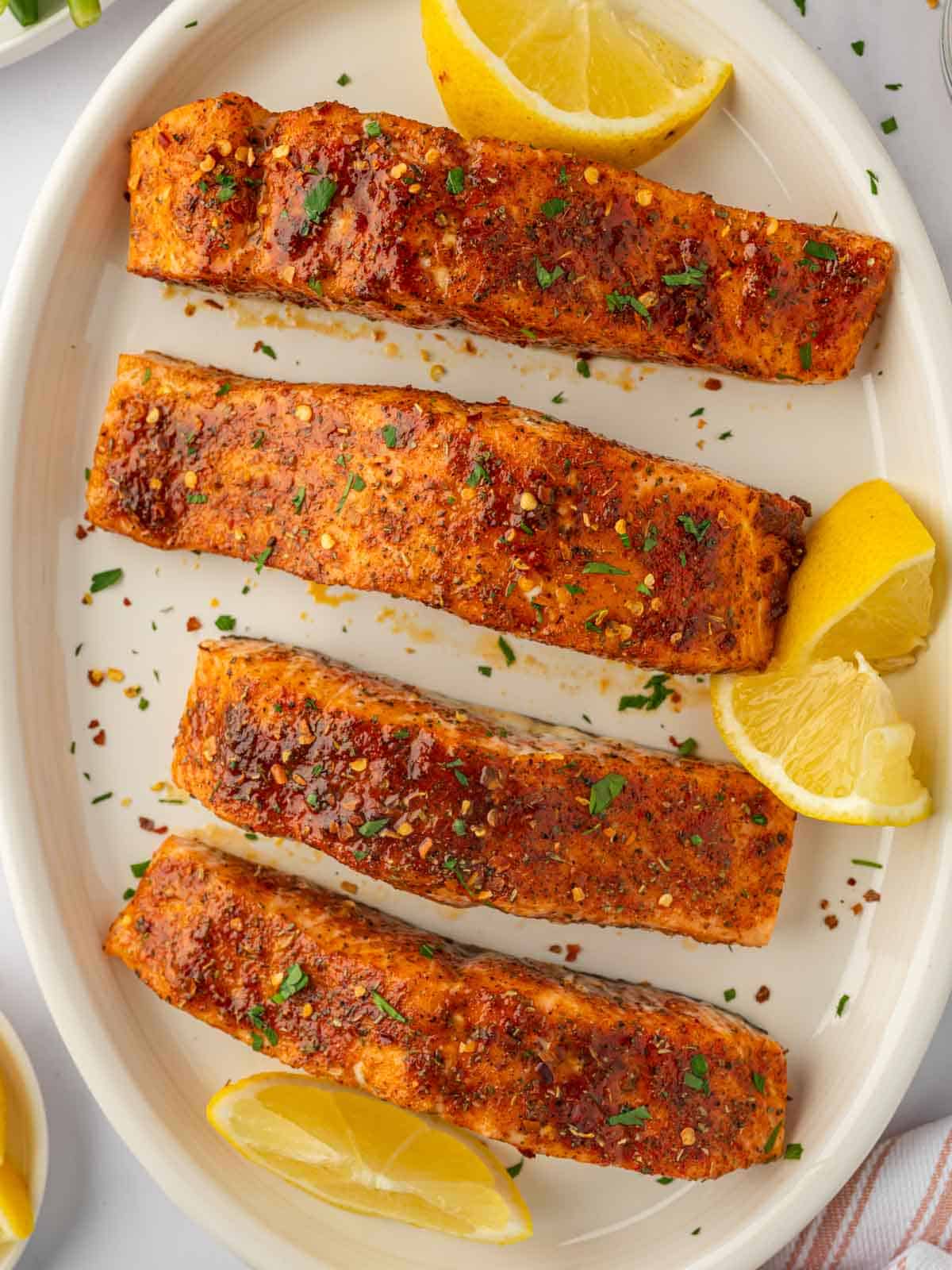 A tray of salmon baked with brown sugar.