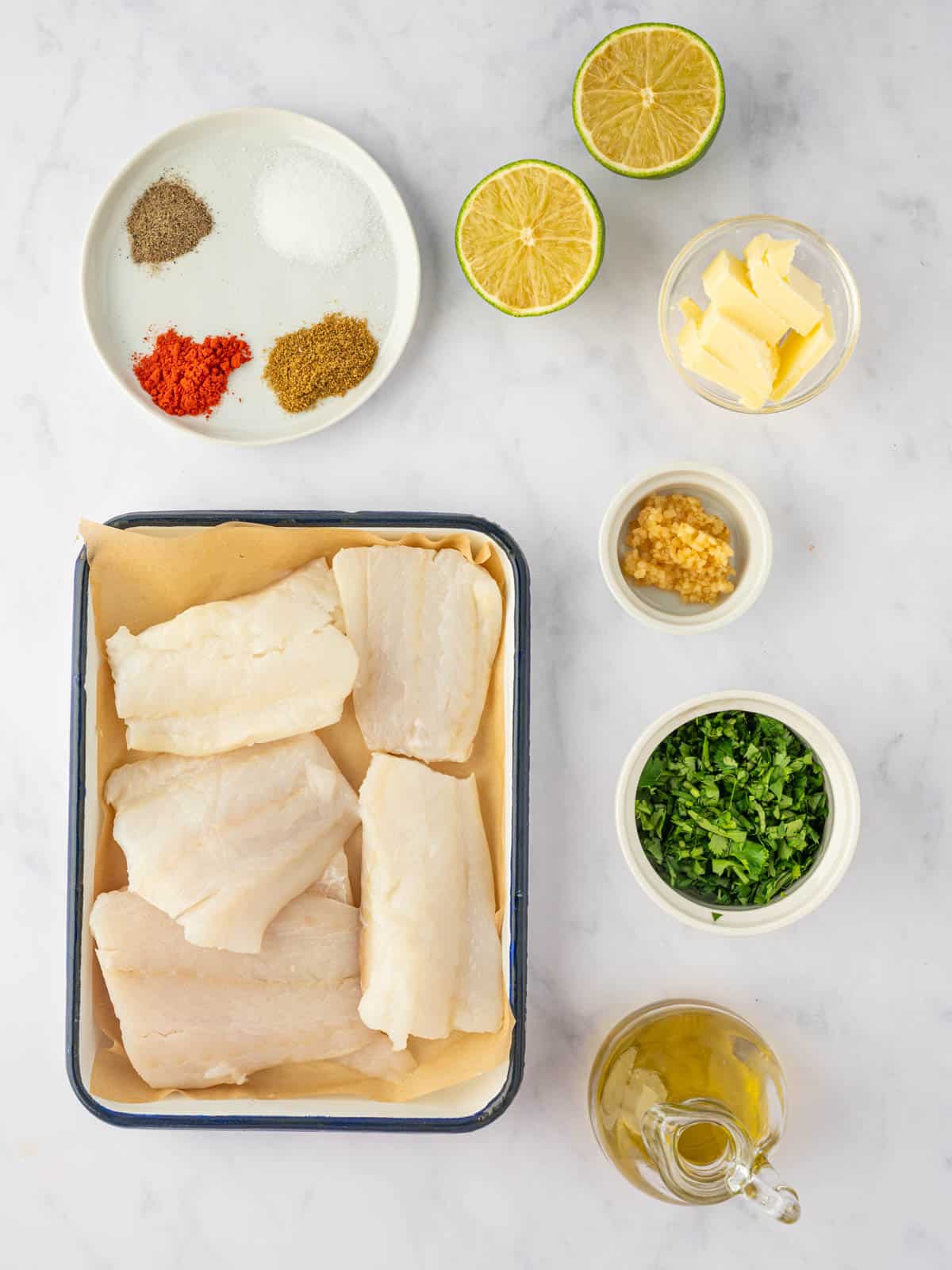 Ingredients needed for herb lime baked cod.
