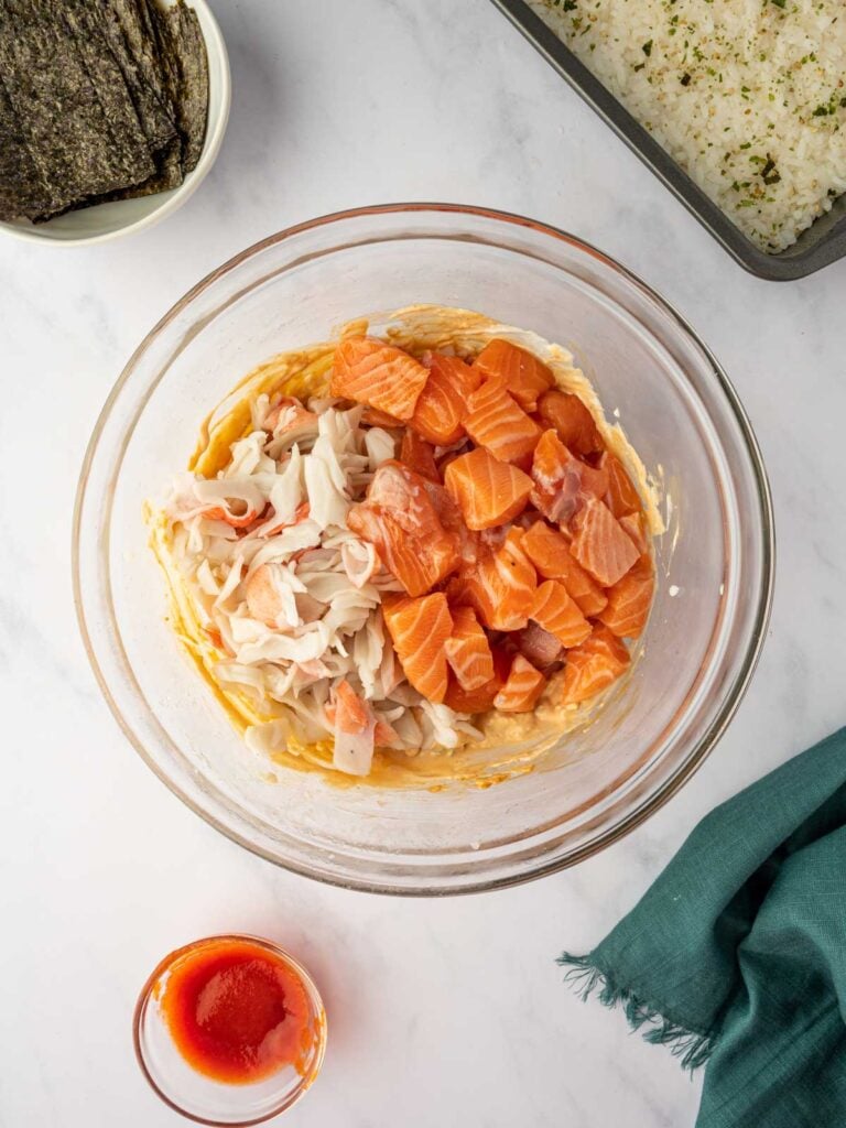 Preparing the salmon filling.