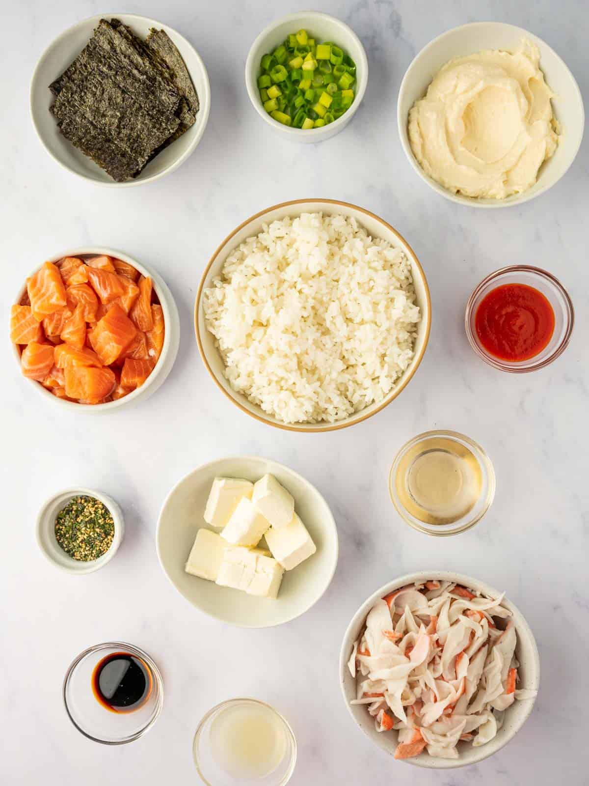 Ingredients needed for salmon sushi bake.