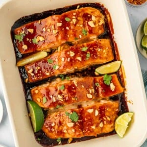 Baked thai salmon in a casserole dish.