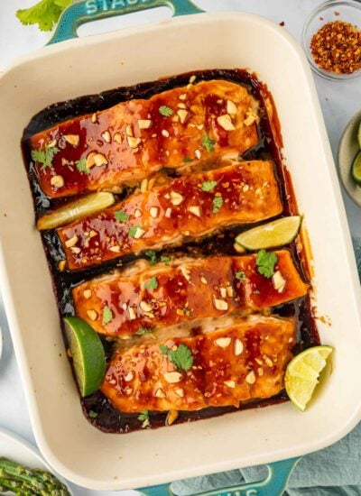 Baked thai salmon in a casserole dish.