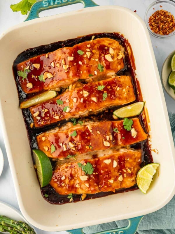 Baked thai salmon in a casserole dish.