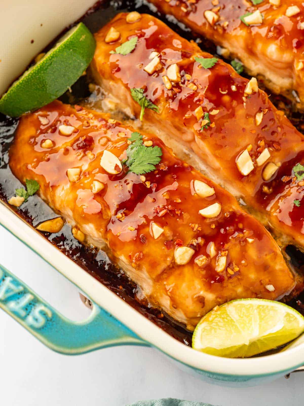 Close up of salmon in a baking dish.