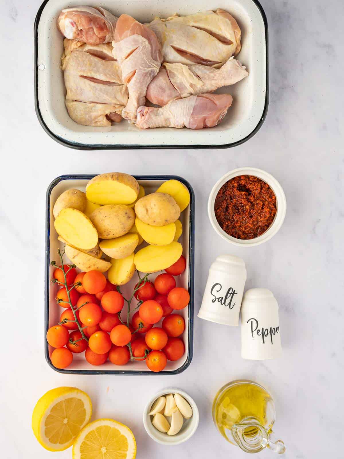 Ingredients needed for harissa chicken traybake.