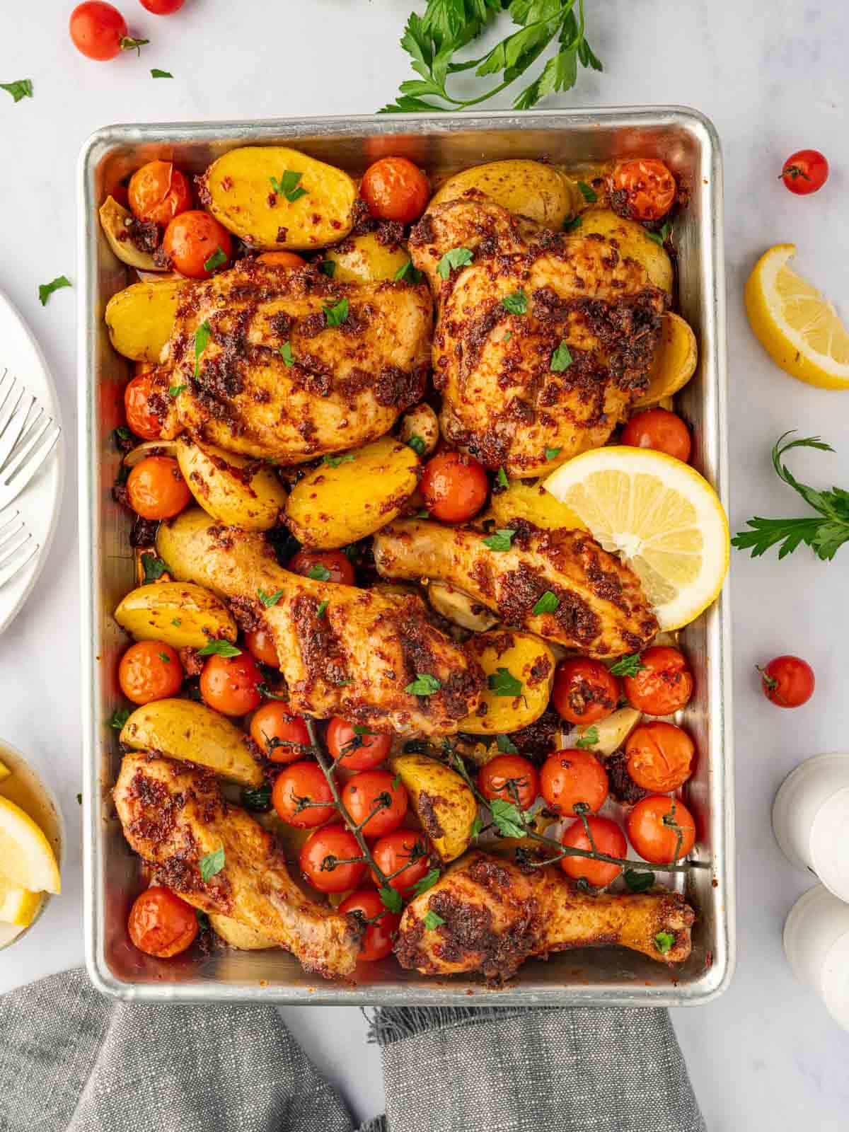 Chicken harissa sheet pan dinner.