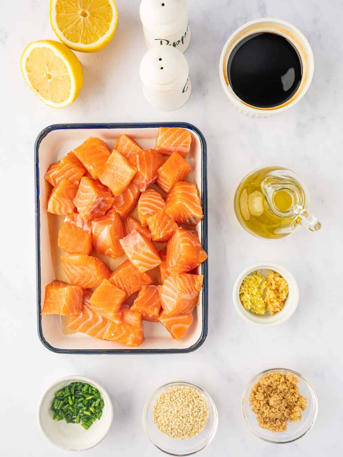 Ingredients needed for teriyaki salmon bites.