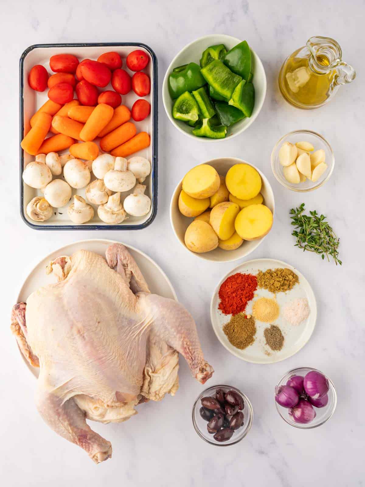 Ingredients needed for mediterranean roasted chicken.