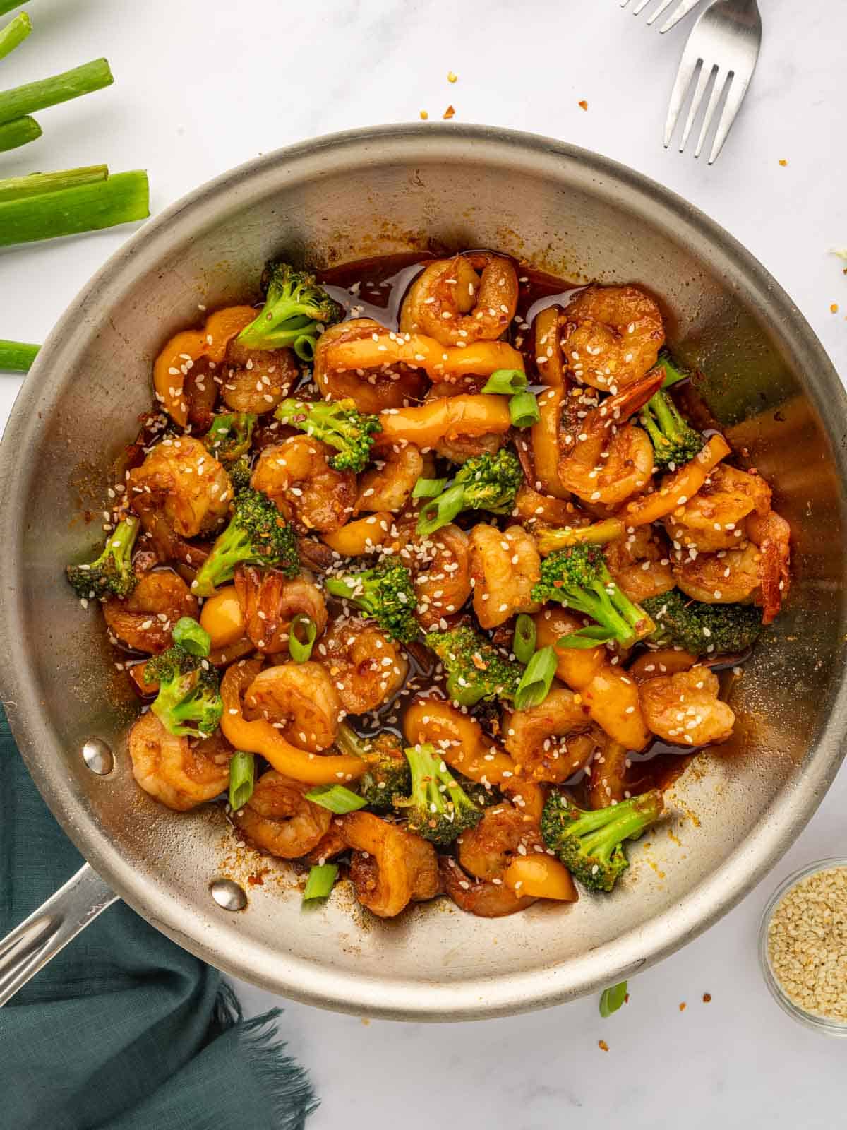 Sweet chili shrimp in a skillet.