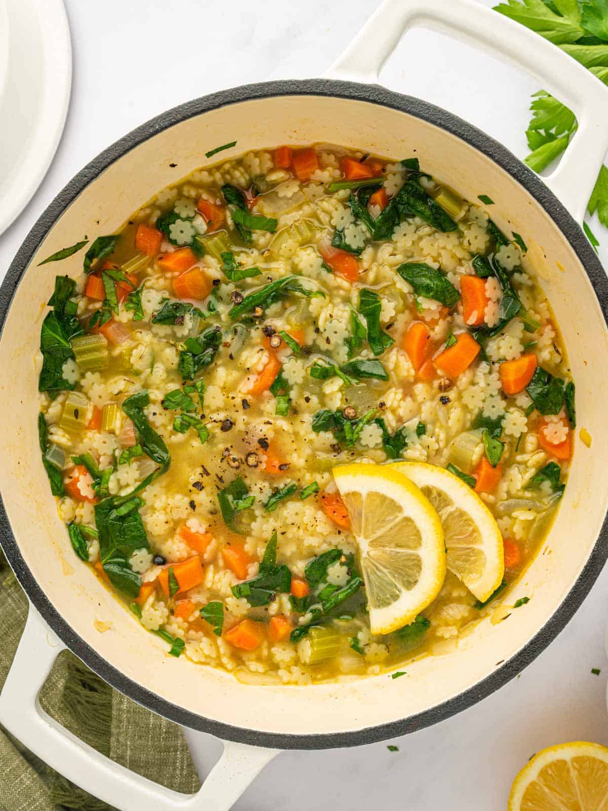 A dutch oven full of pastina soup.