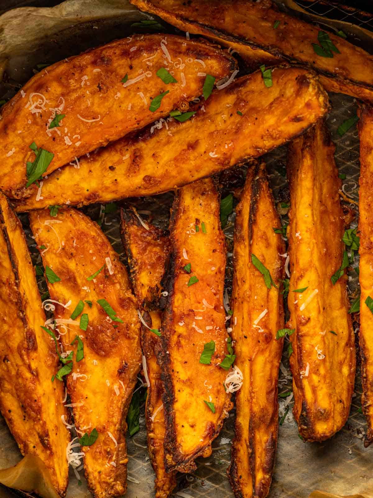 Close up of crispy potato wedges.