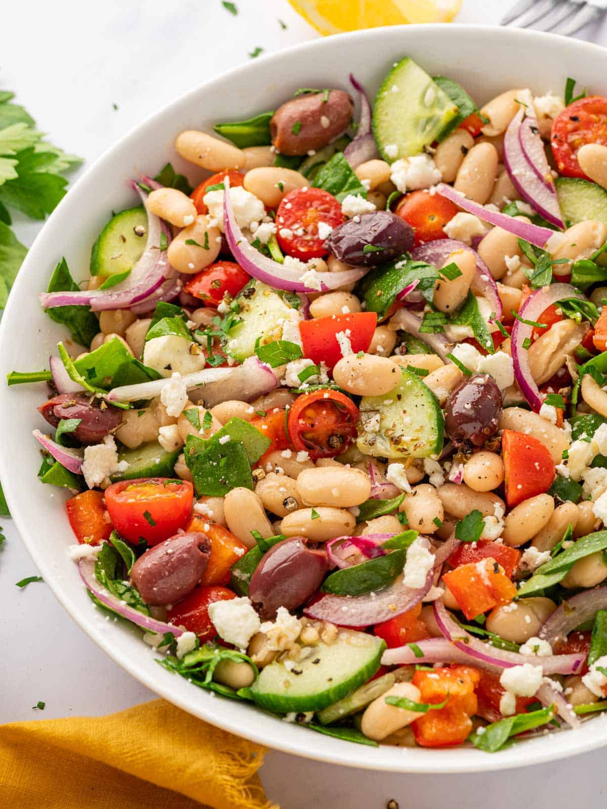 Closeup of Mediterranean bean salad.