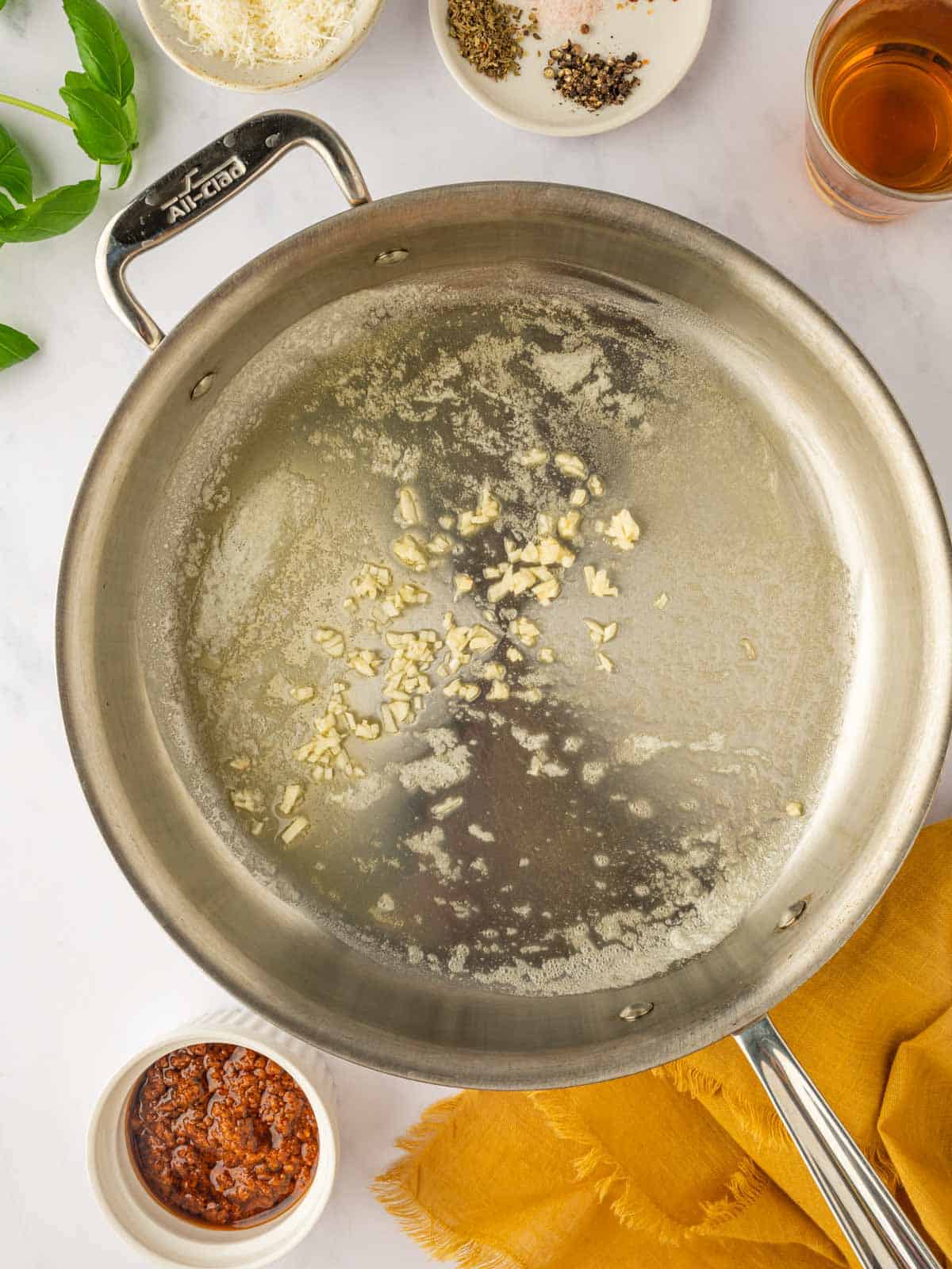 Saute garlic in a pan.