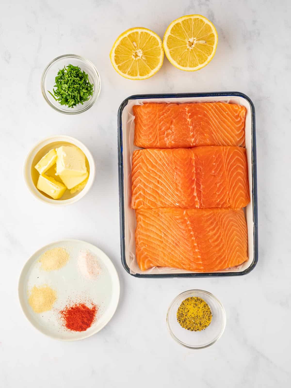 Ingredients needed for lemon pepper salmon.