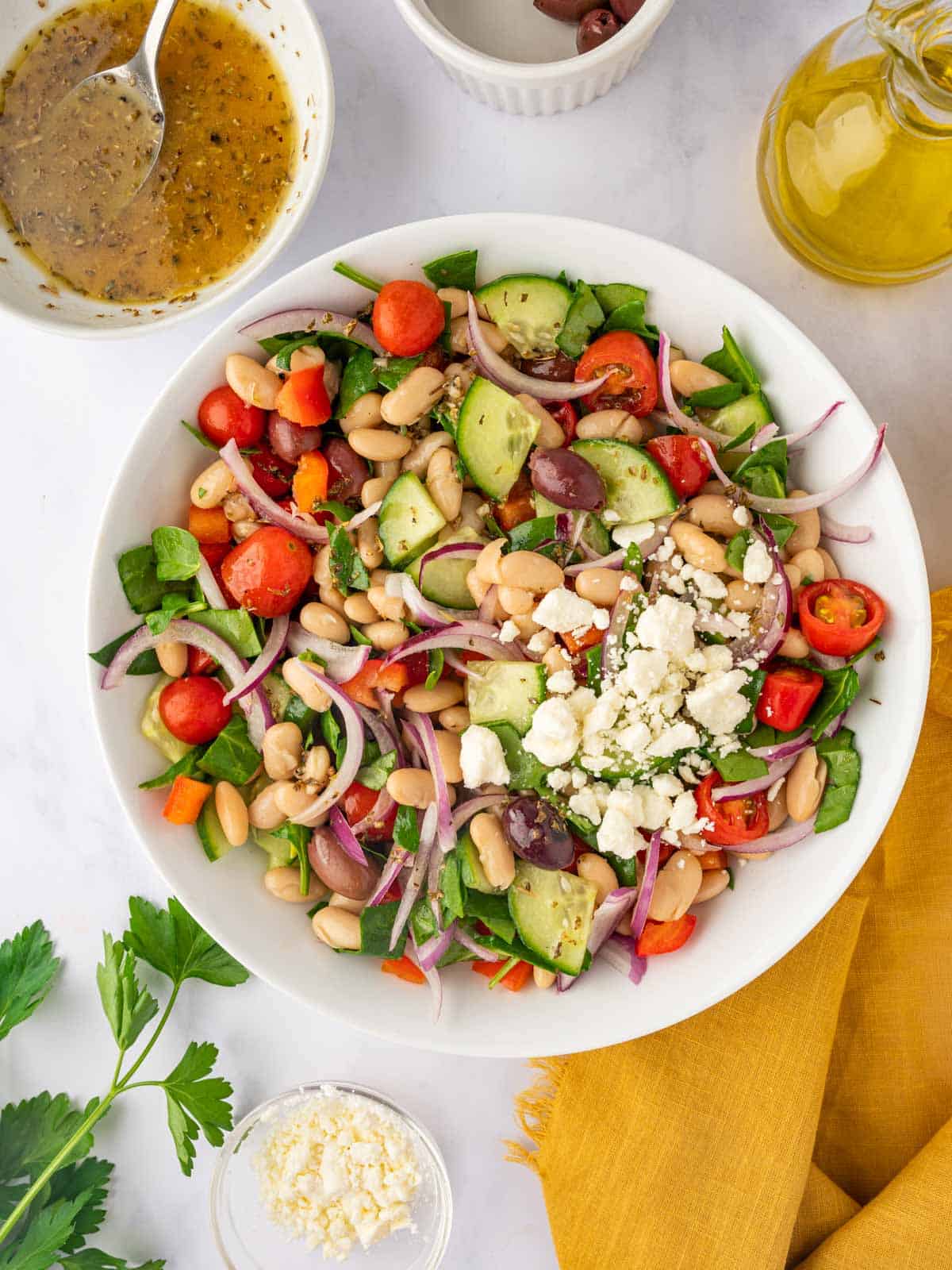 Added feta cheese to the bean salad bowl.