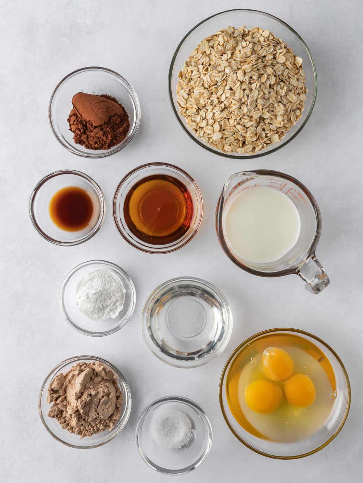 Ingredients needed for chocolate protein pancakes.