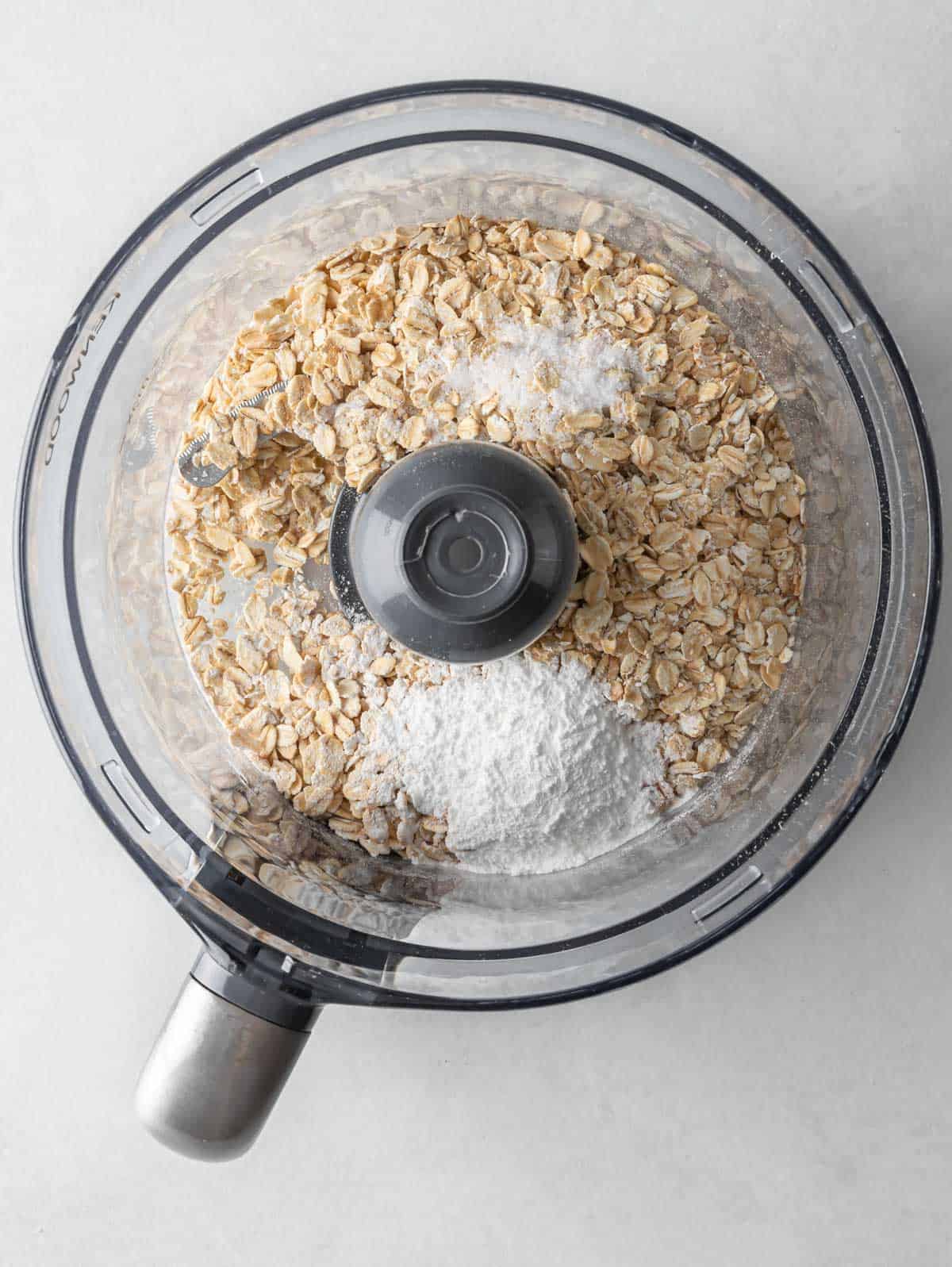 Pancake process shot with oatmeal and other ingredients in a food processor.