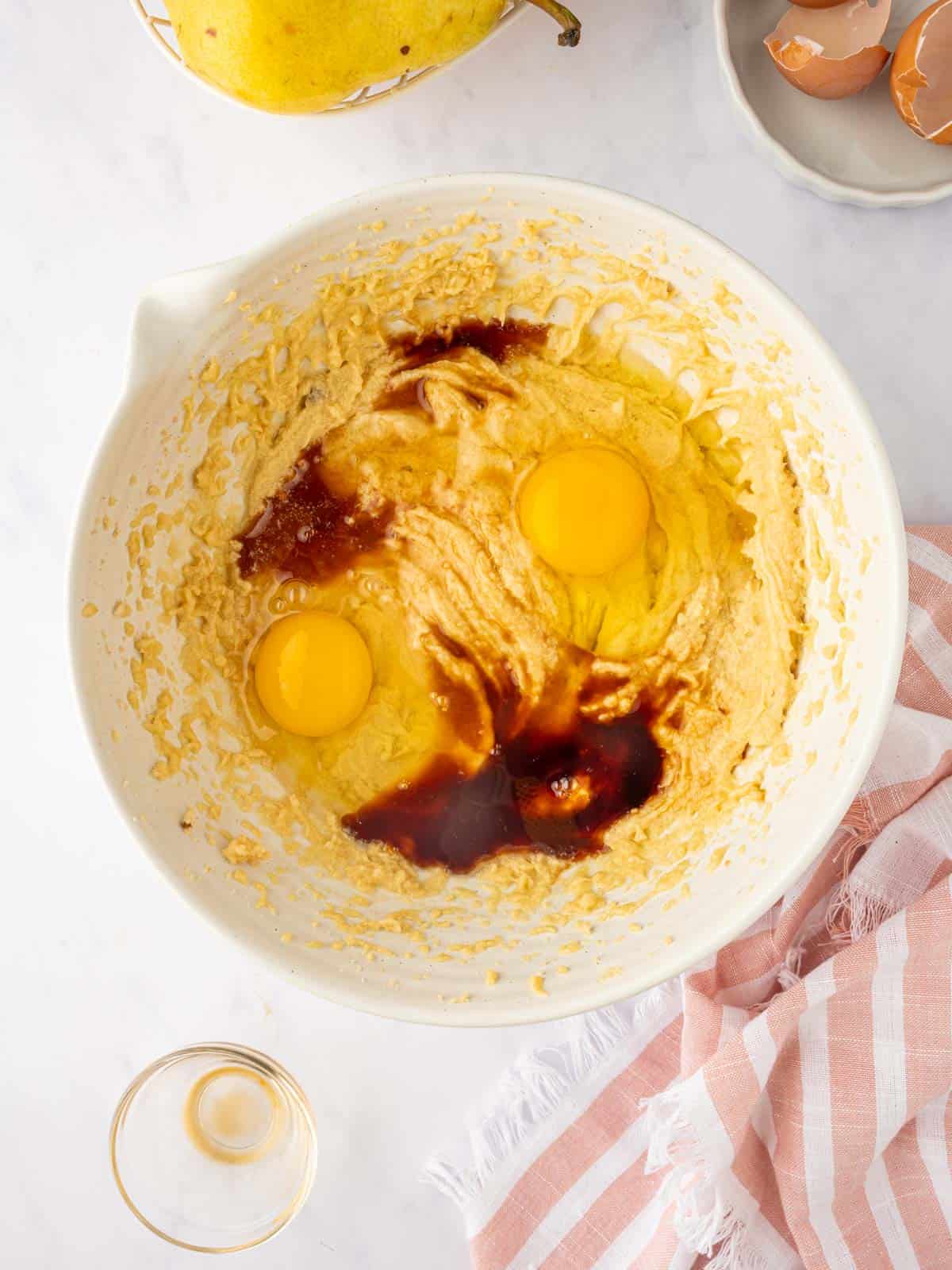 The cake batter is prepared in a bowl.