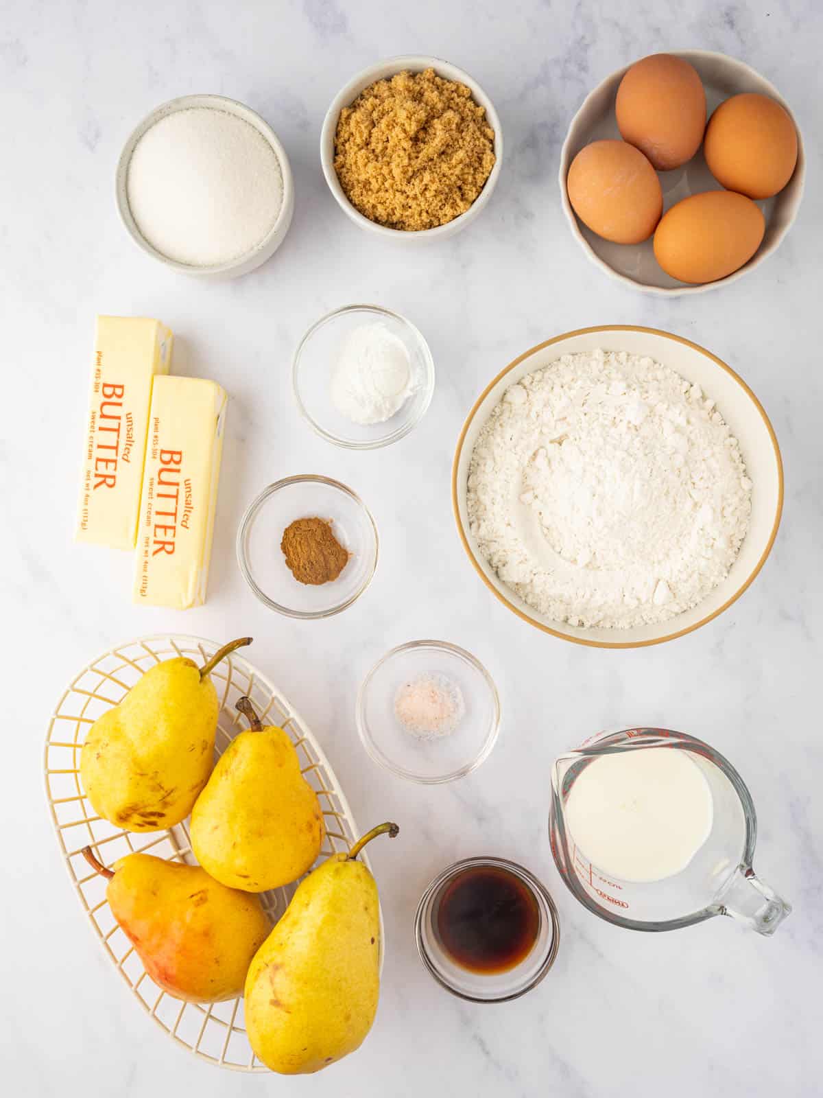 Ingredients needed for upside down pear cake.