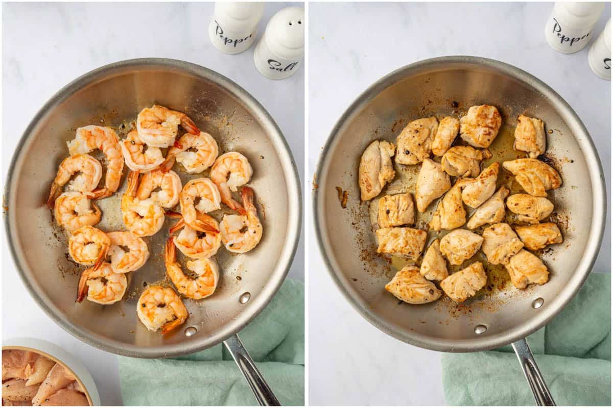 Chicken and shrimp are cooked seperately in a skillet.