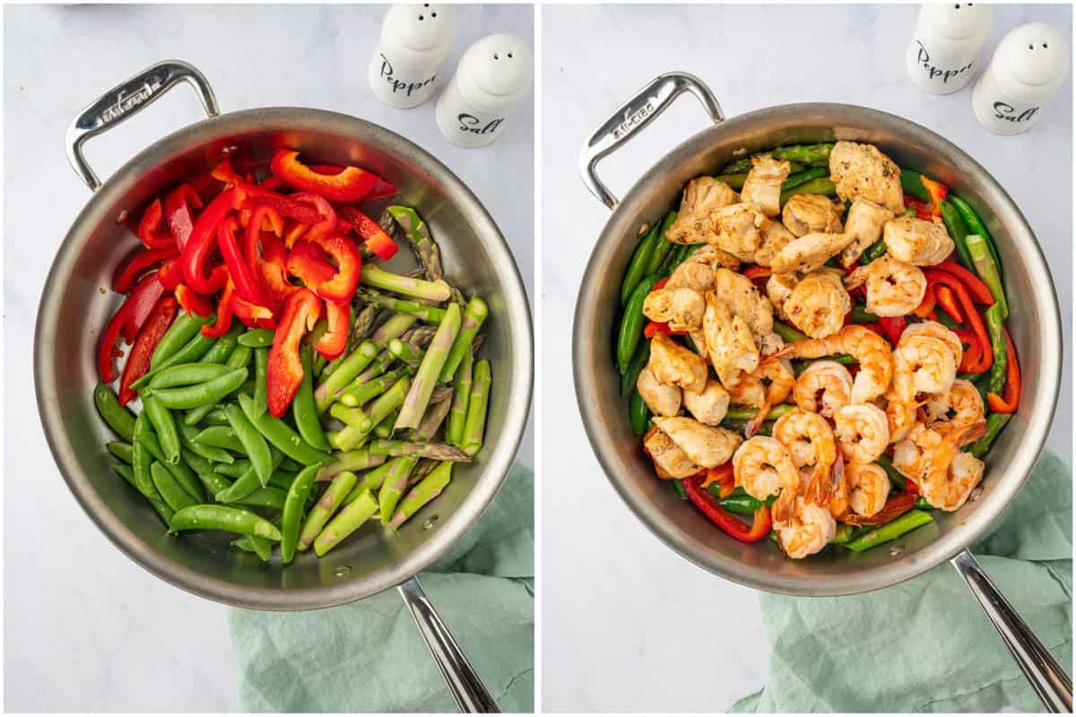 Process photos of stir frying vegetable and adding chicken and shrimp.