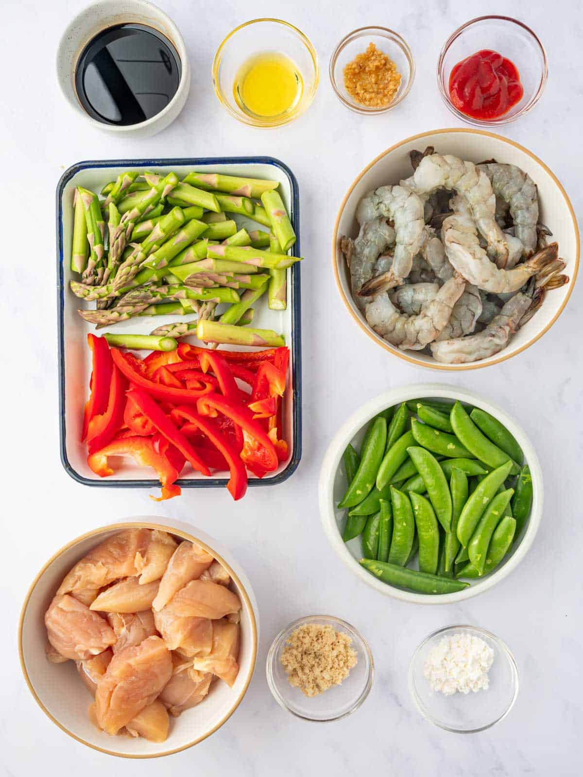 Ingredients needed for chicken and shrimp stir fry.