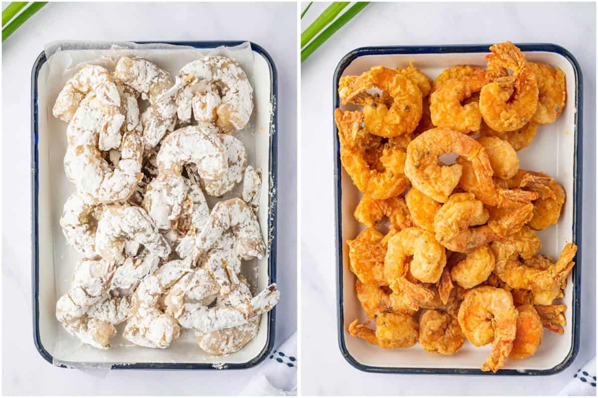 Before and after fried shrimp process shots.