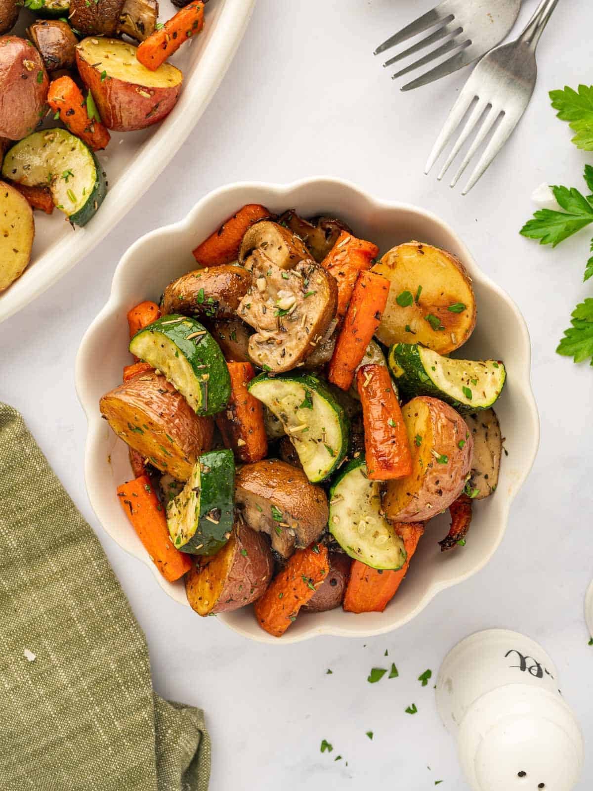 A bowl of oven roasted veggies.